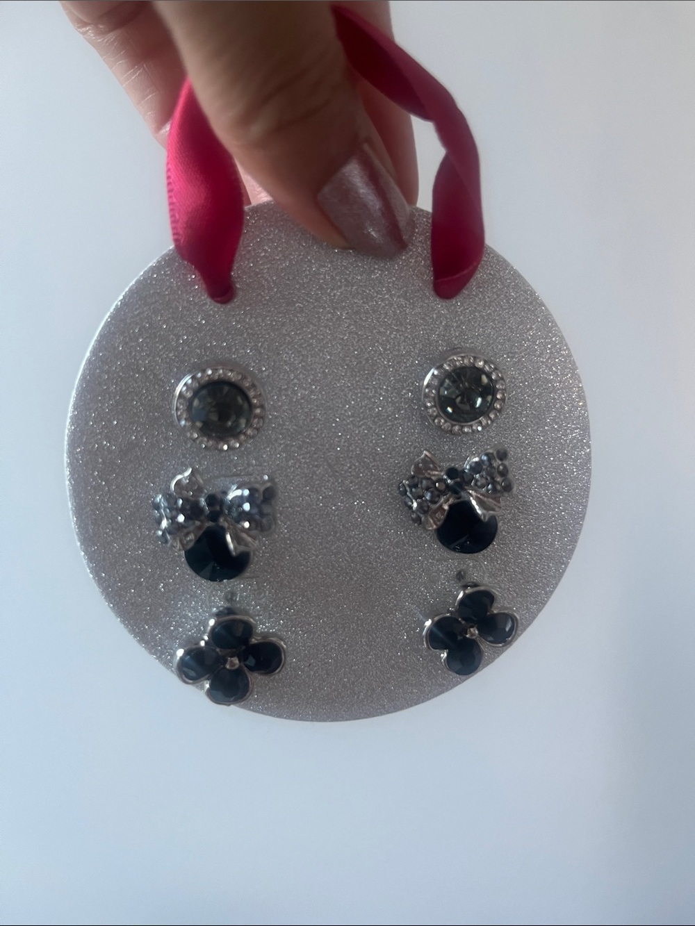Set of 3 Black Crystal Stud Earrings - Bow & Flower Designs